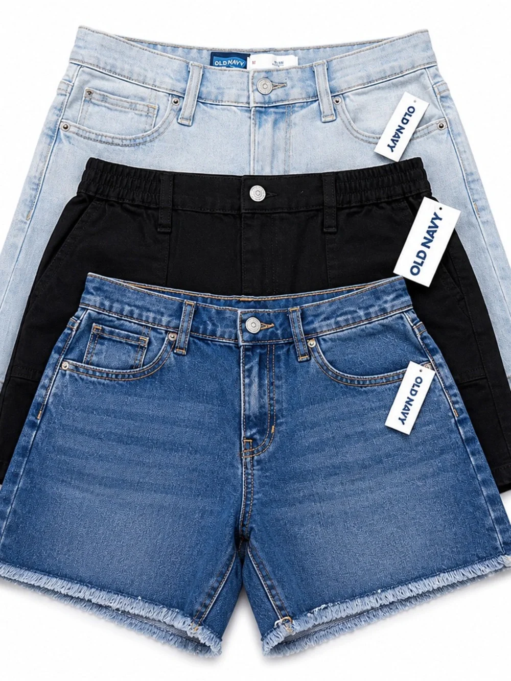 Old Navy Women’s Jean Shorts Trio - Light Wash, Black, Medium Blue